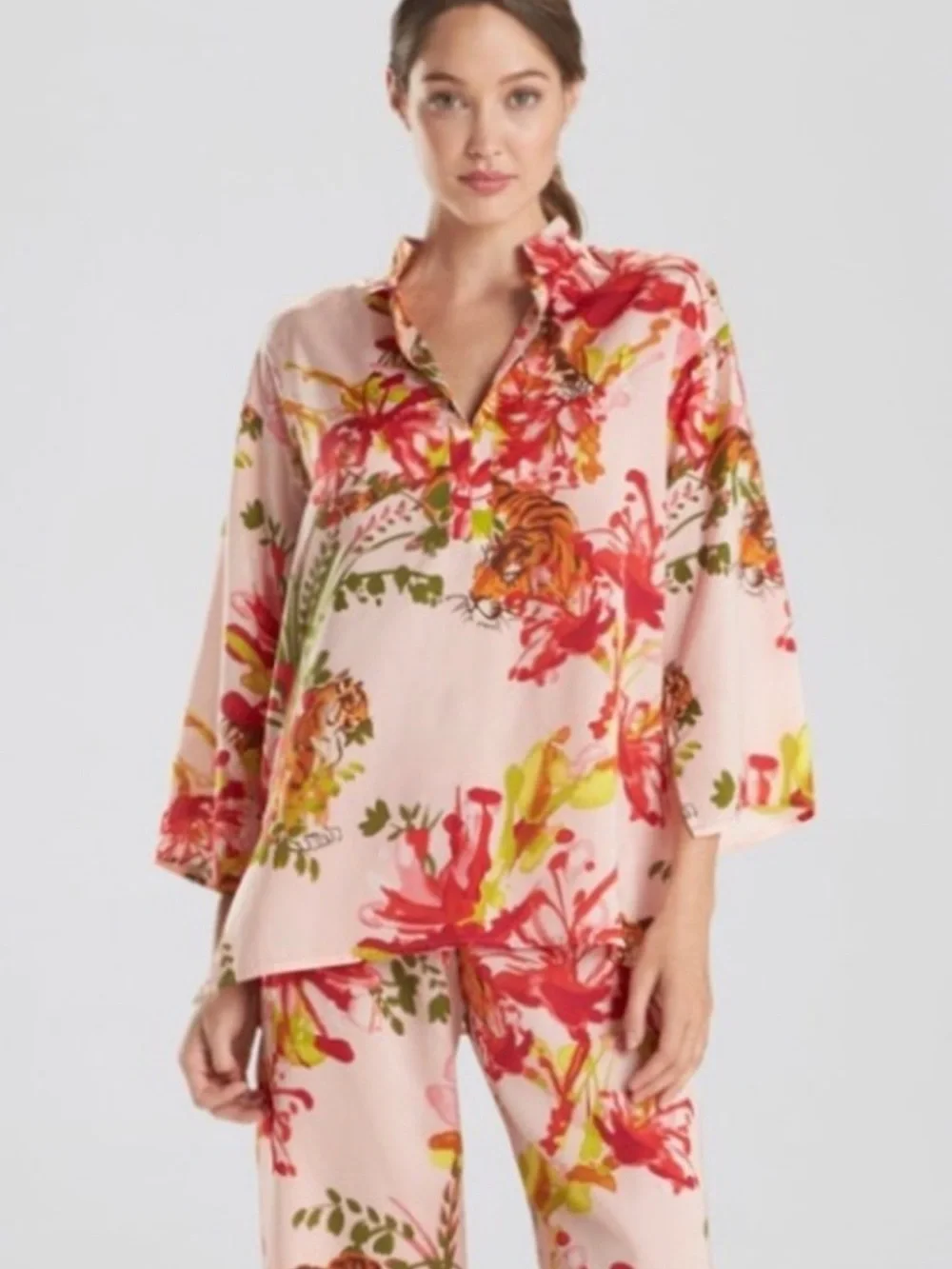 Natori Pajama Top Tiger Lily Floral Print Sz L